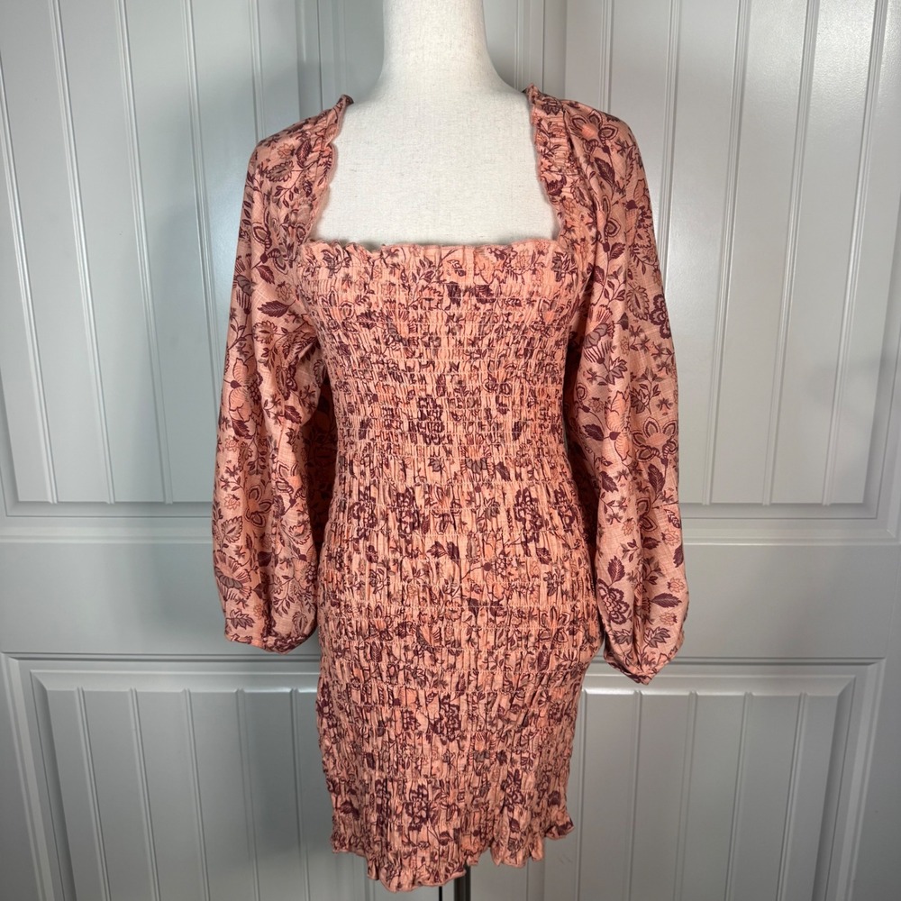 Free People Floral Smocked Mini Dress Small Pink Cotton Boho Cottagecore
